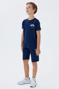 Set 2 Piese Băieți - Tricou Bleumarin cu Print Logo Pe Spate Și Pantaloni Scurți