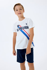 Set 2 Piese Băieți - Tricou Alb cu Print Logo Și Pantaloni Scurți  Bleumarin
