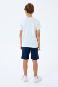 Set 2 Piese Băieți - Tricou Alb cu Print Logo Și Pantaloni Scurți  Bleumarin