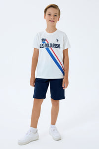 Set 2 Piese Băieți - Tricou Alb cu Print Logo Și Pantaloni Scurți  Bleumarin