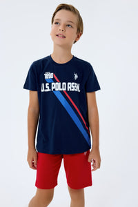 Set 2 Piese Băieți - Tricou Bleumarin cu Print Logo Și Pantaloni Scurți  Pe Roșu