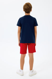Set 2 Piese Băieți - Tricou Bleumarin cu Print Logo Și Pantaloni Scurți  Pe Roșu