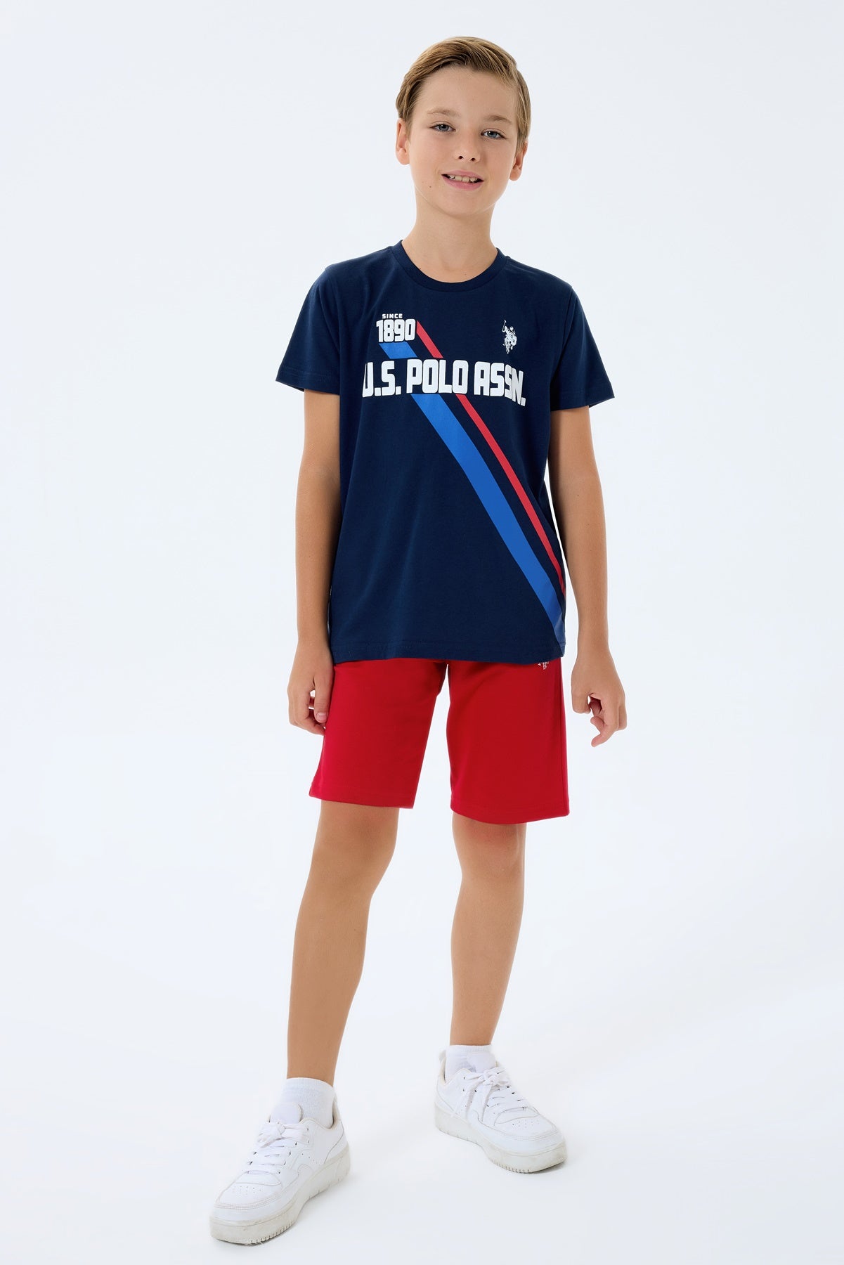 Set 2 Piese Băieți - Tricou Bleumarin cu Print Logo Și Pantaloni Scurți  Pe Roșu