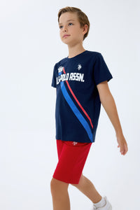 Set 2 Piese Băieți - Tricou Bleumarin cu Print Logo Și Pantaloni Scurți  Pe Roșu