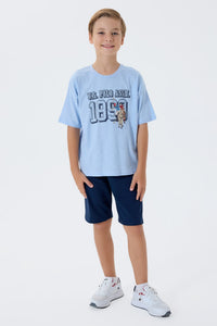 Set 2 Piese Băieți - Tricou Albastru Deschis cu Print Logo Și Pantaloni Scurți  Bleumarin