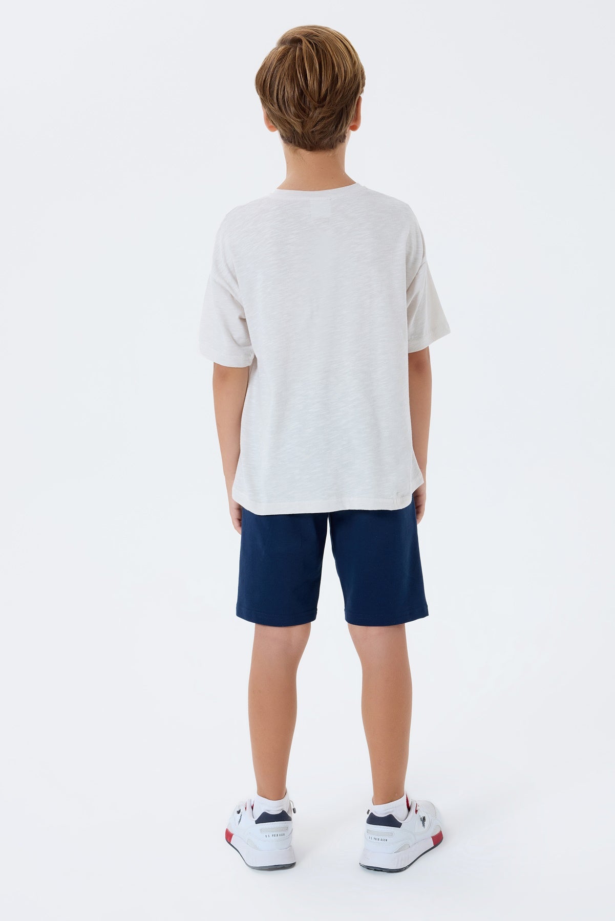 Set 2 Piese Băieți - Tricou Bej Deschis cu Print Logo Și Pantaloni Scurți  Bleumarin