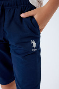 Set 2 Piese Băieți - Tricou Bej Deschis cu Print Logo Și Pantaloni Scurți  Bleumarin