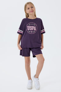 Set 2 Piese Fată - Tricou Cu Imprimeu Logo Și Pantaloni Scurți Mov Închis