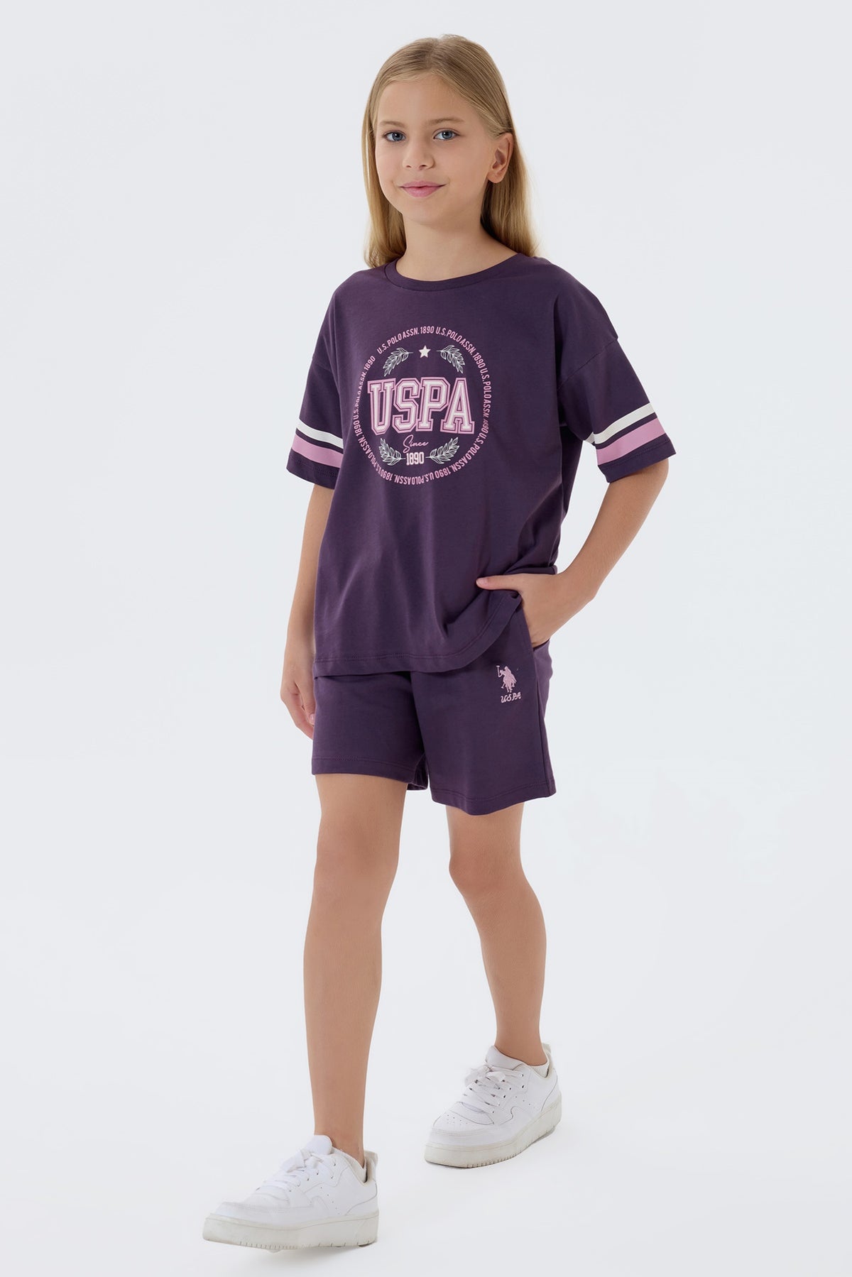 Set 2 Piese Fată - Tricou Cu Imprimeu Logo Și Pantaloni Scurți Mov Închis