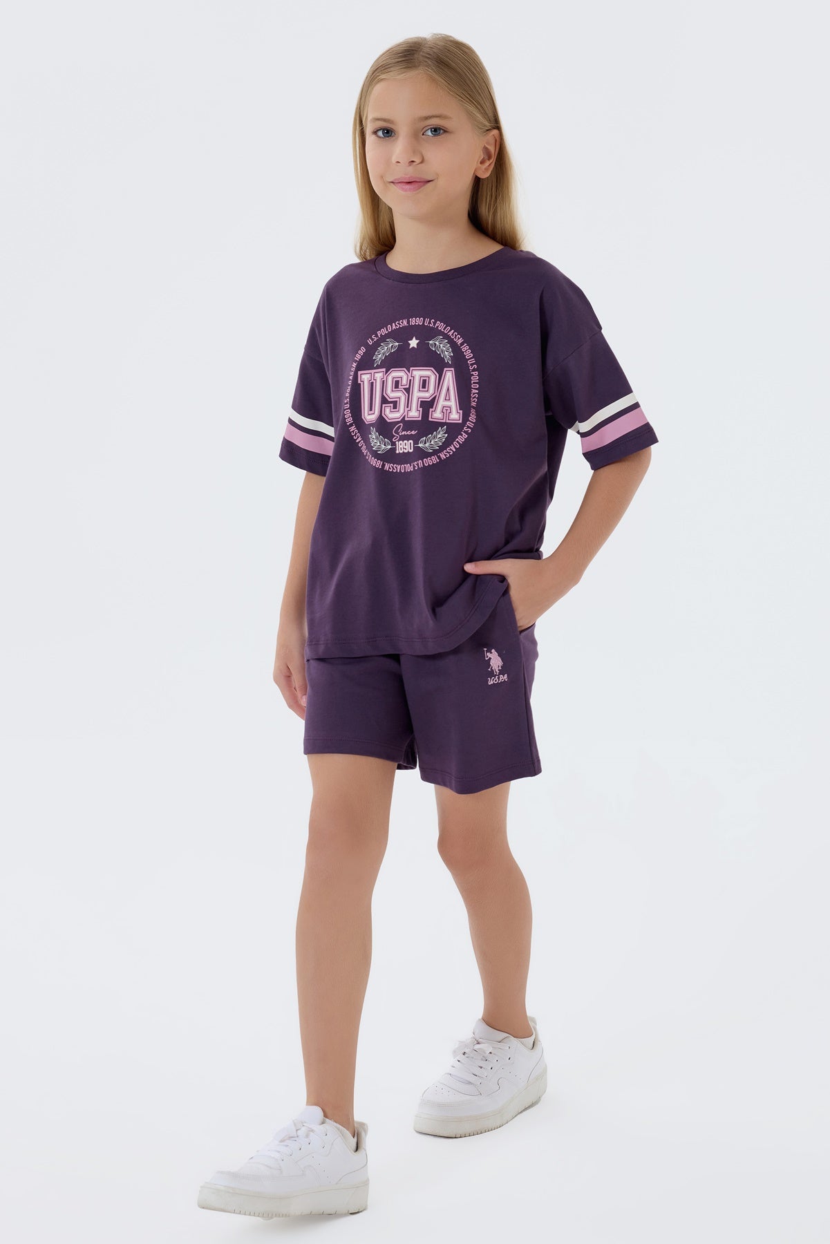 Set 2 Piese Fată - Tricou Cu Imprimeu Logo Și Pantaloni Scurți Mov Închis
