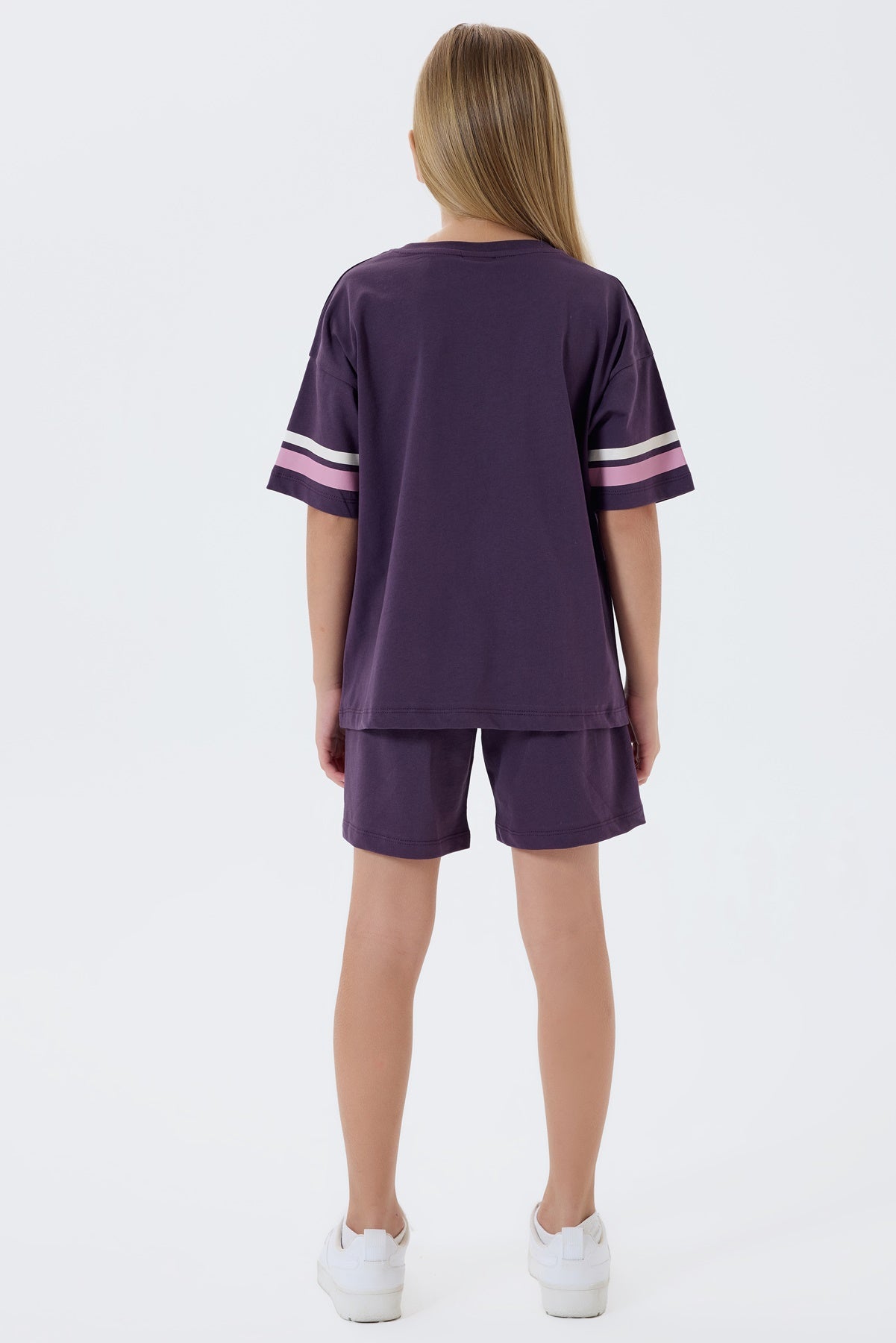 Set 2 Piese Fată - Tricou Cu Imprimeu Logo Și Pantaloni Scurți Mov Închis