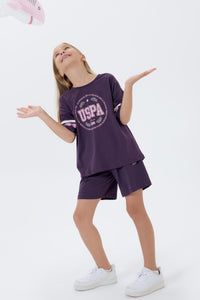 Set 2 Piese Fată - Tricou Cu Imprimeu Logo Și Pantaloni Scurți Mov Închis