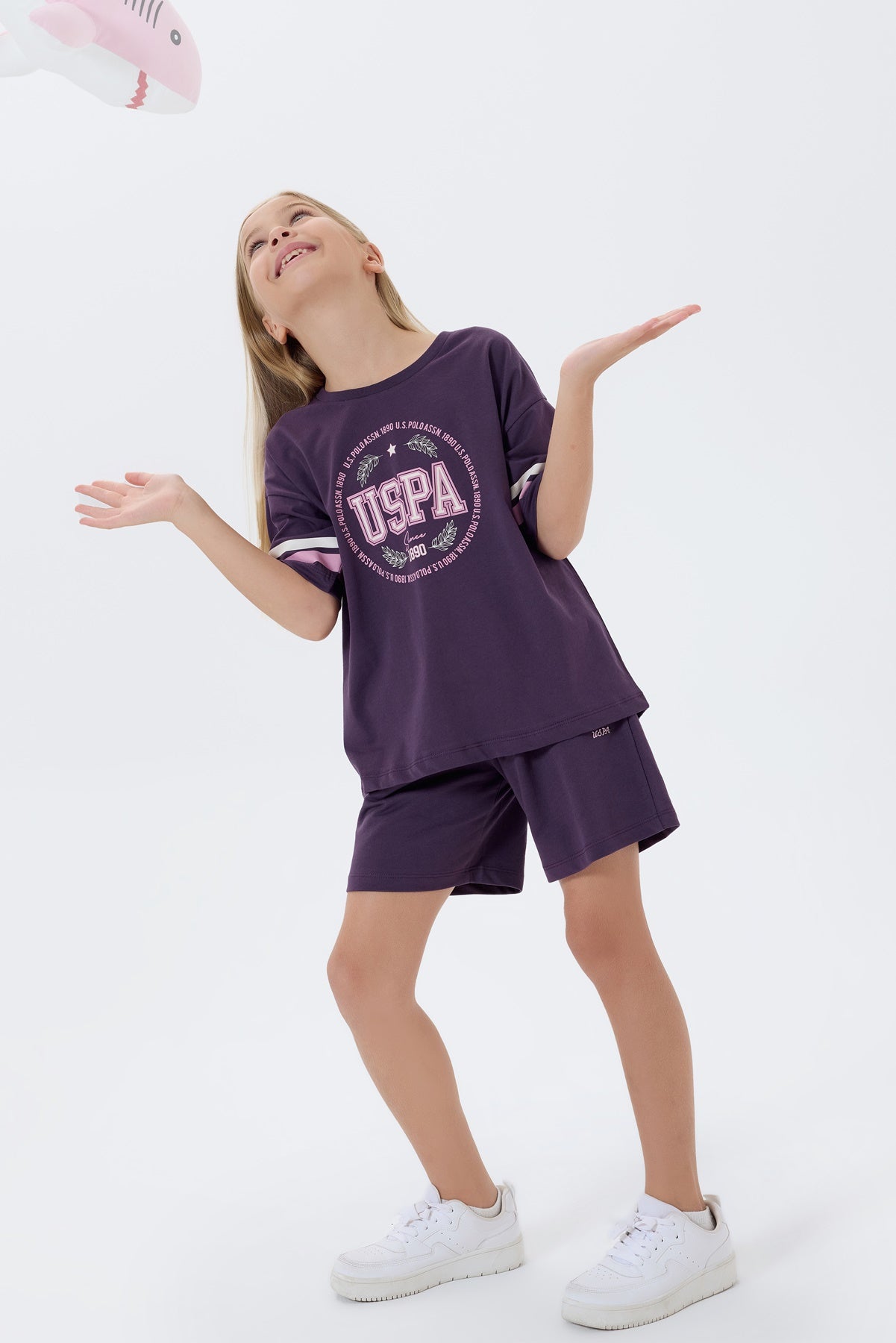Set 2 Piese Fată - Tricou Cu Imprimeu Logo Și Pantaloni Scurți Mov Închis