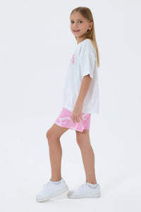 Set 2 Piese Fată - Tricou Alb Cu Logo USPA Și Pantaloni Scurți Cu Model Floral Roz