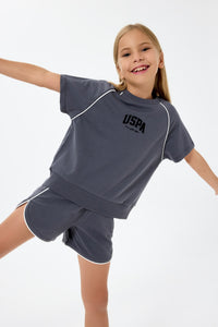 Set 2 Piese Fată - Tricou Și Pantaloni Scurți Oversize Gri Antracit Cu Logo