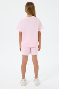 Set 2 Piese Fată - Tricou Și Pantaloni Scurți Oversize Roz Pal Cu Logo