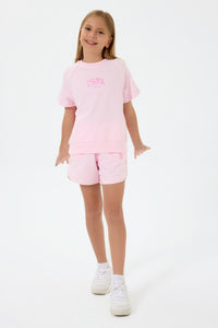 Set 2 Piese Fată - Tricou Și Pantaloni Scurți Oversize Roz Pal Cu Logo