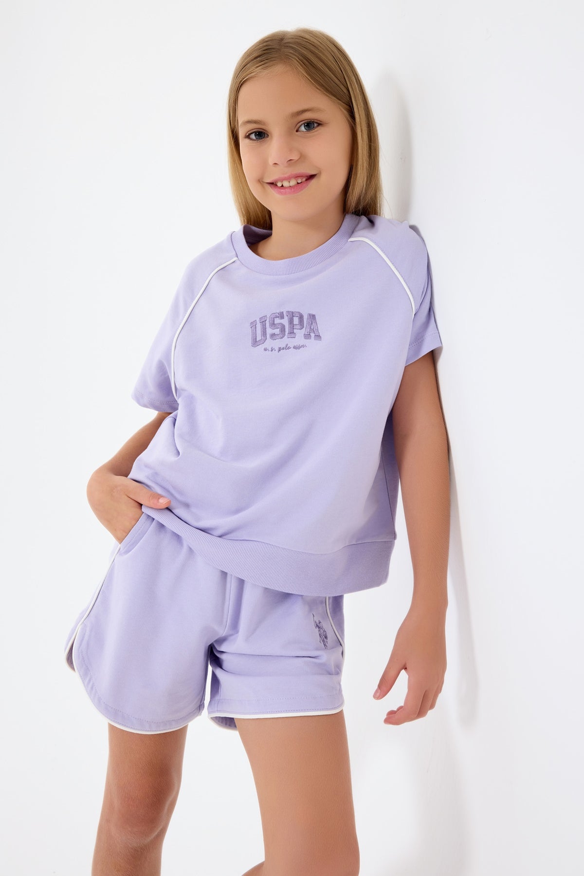 Set 2 Piese Fată - Tricou Și Pantaloni Scurți Oversize Lila Cu Logo