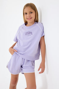 Set 2 Piese Fată - Tricou Și Pantaloni Scurți Oversize Lila Cu Logo