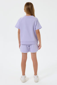 Set 2 Piese Fată - Tricou Și Pantaloni Scurți Oversize Lila Cu Logo