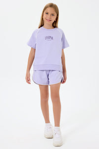 Set 2 Piese Fată - Tricou Și Pantaloni Scurți Oversize Lila Cu Logo