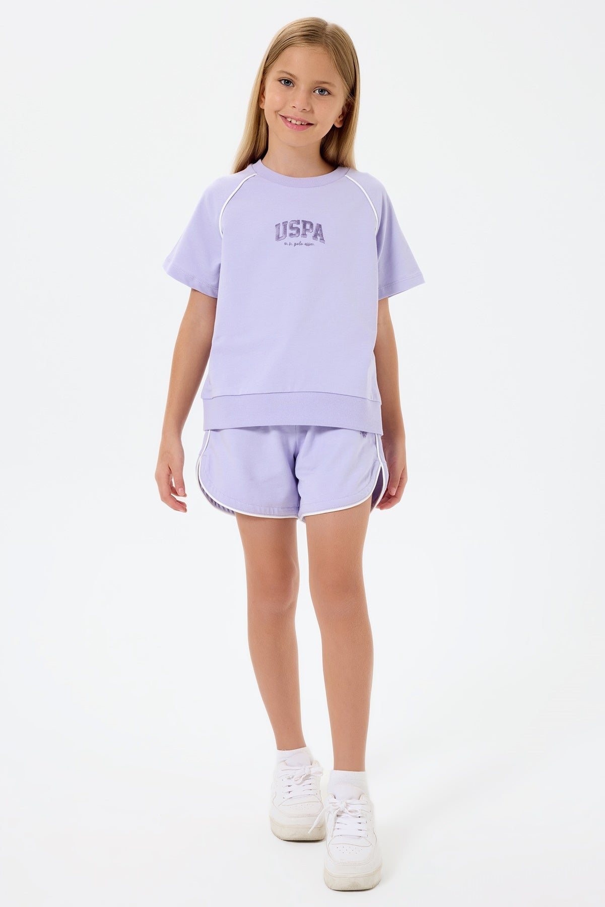Set 2 Piese Fată - Tricou Și Pantaloni Scurți Oversize Lila Cu Logo