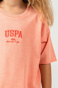 Set 2 Piese Fată - Tricou Și Pantaloni Scurți Oversize Orange Deschis Cu Logo USPA