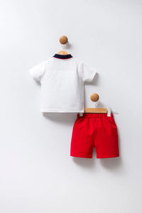 Set de Tricou Polo Alb si Pantaloni Scurti Rosii - 2 piese