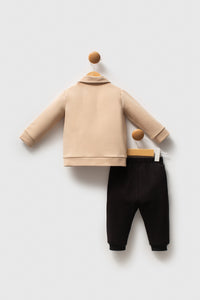 Set 3 Piese, Jacheta Bej cu Fermoar Bluza Ivory si Pantaloni Negri