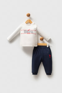 Set 3 Piese Jacheta Rosu cu Fermoar Bluza Ivory si Pantaloni Bleumarin