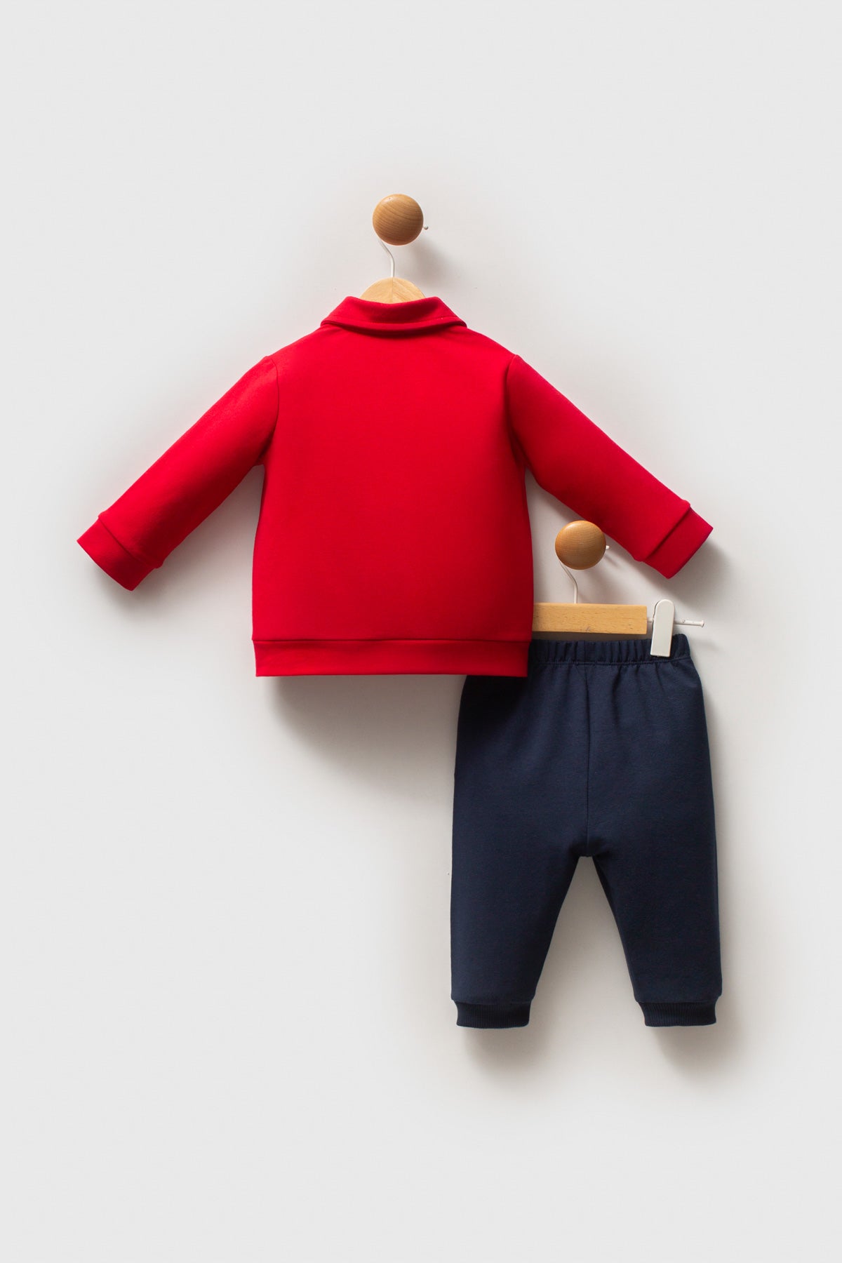 Set 3 Piese Jacheta Rosu cu Fermoar Bluza Ivory si Pantaloni Bleumarin