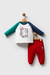 Set 2 Piese Bluza Ivory cu Verde si Pantaloni Rosii