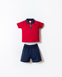Set 2 Piese Băiețel Tricou Polo Roșu Și Pantaloni Scurți Bleumarin Cu Logo Brodat