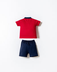 Set 2 Piese Băiețel Tricou Polo Roșu Și Pantaloni Scurți Bleumarin Cu Logo Brodat