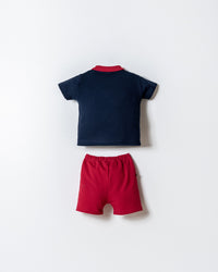 Set 2 Piese Băiețel Tricou Polo Bleumarin Și Pantaloni Scurți Roșu Cu Logo Brodat