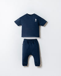 Set 2 Piese Băiețel Tricou Oversize Și Pantaloni Bleumarin Cu Logo Brodat