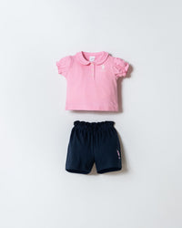 Set 2 Piese Fetiță Tricou Polo Roz Cu Pantaloni Scurți Bleumarin