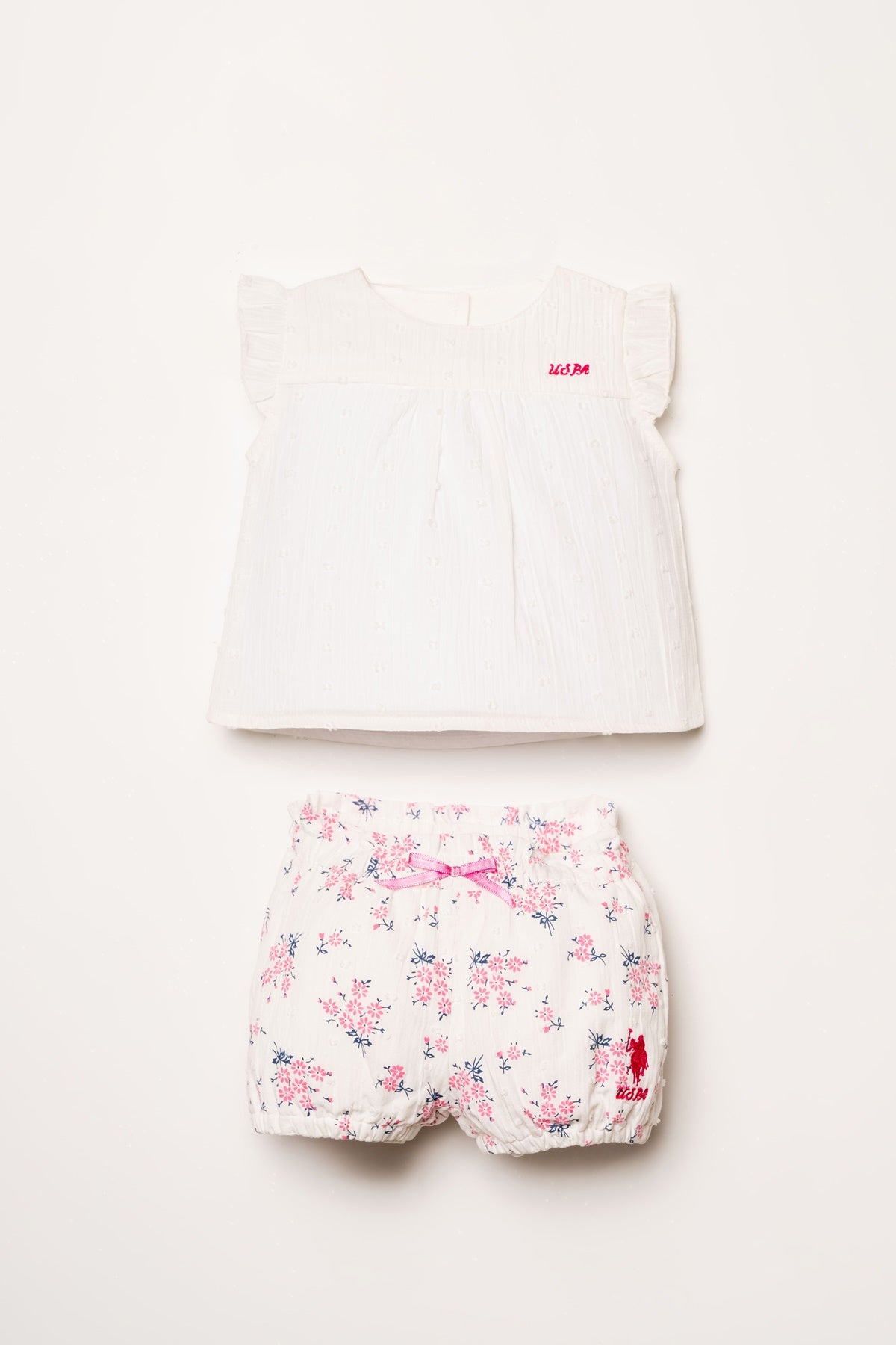 Set 2 Piese Fetiță Cămașă Albă Și Pantaloni Scurți Cu Model Floral Roz