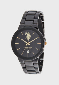 Ceas Barbatesc Quartz  Negru, Cadran cu Model si Detalii Roz Aurii, Bratara Metalica Neagra