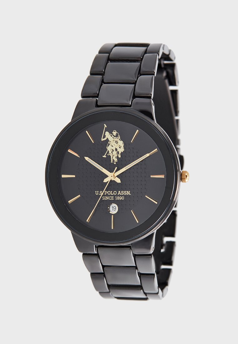 Ceas Barbatesc Quartz  Negru, Cadran cu Model si Detalii Roz Aurii, Bratara Metalica Neagra