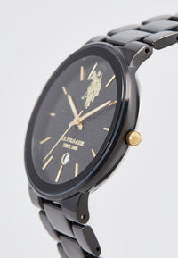 Ceas Barbatesc Quartz  Negru, Cadran cu Model si Detalii Roz Aurii, Bratara Metalica Neagra