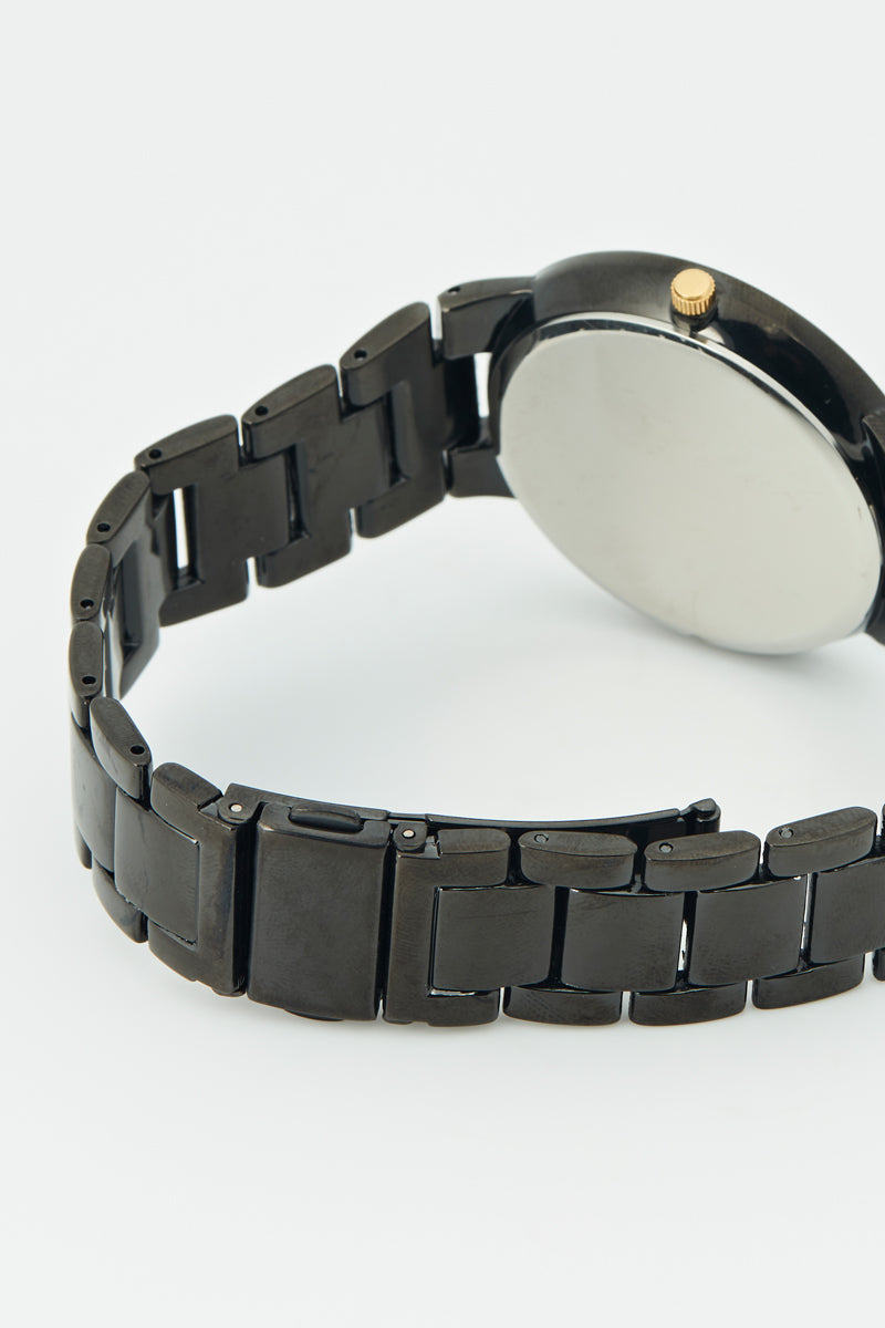 Ceas Barbatesc Quartz  Negru, Cadran cu Model si Detalii Roz Aurii, Bratara Metalica Neagra