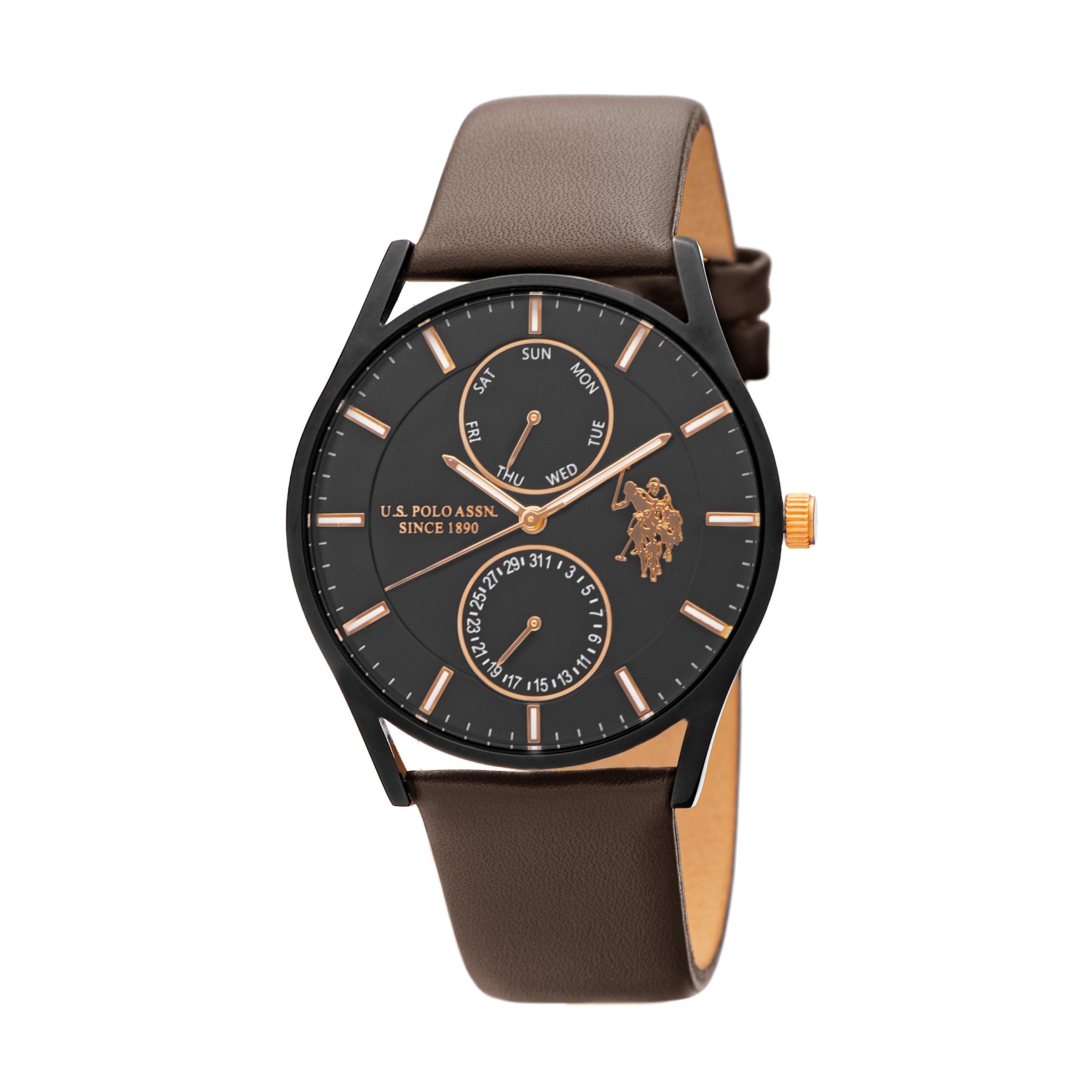 Ceas Barbatesc Elegant cu Mișcare Crono, Carcasa Metalica Subtire cu Cadran Negru cu Indexuri Auriu si Curea Piele Maro