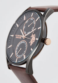 Ceas Barbatesc Elegant cu Mișcare Crono, Carcasa Metalica Subtire cu Cadran Negru cu Indexuri Auriu si Curea Piele Maro