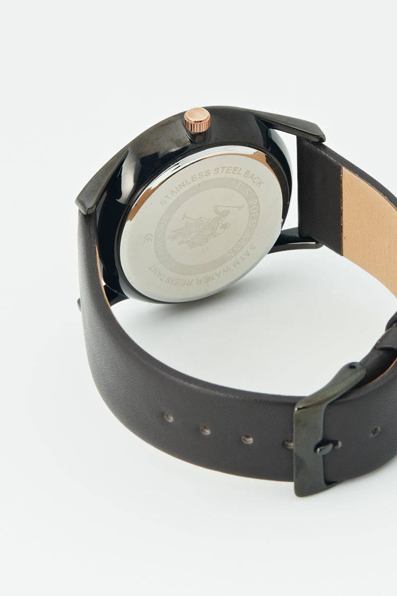 Ceas Barbatesc Elegant cu Mișcare Crono, Carcasa Metalica Subtire cu Cadran Negru cu Indexuri Auriu si Curea Piele Maro