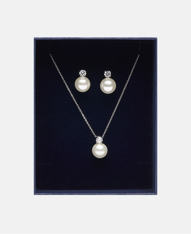 Set de Bijuterii Rodiu in Cutie Cadou Premium: Lant Reglabil 38+5 Cm cu Pendant Combinat Perla si Cristale + Cercei 1,8 Cm cu Perla din Sticla si Cristale