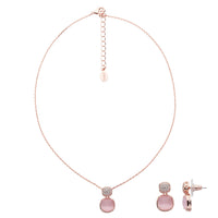 Set Colier Si Cercei Din Metal Placat Auriu Roze Cu Piatră Roz Tip „Ochi De Pisică” Si Cristale Albe