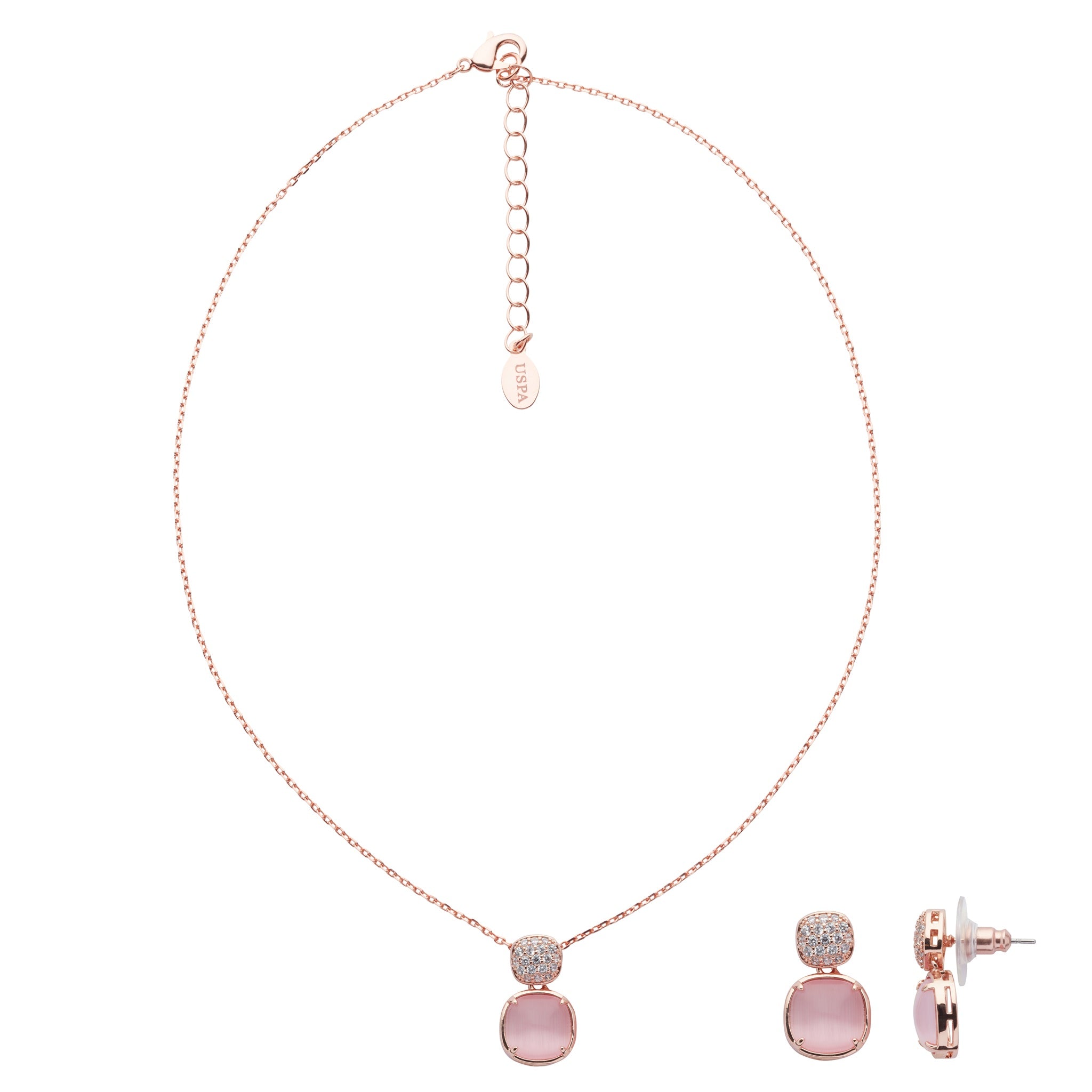 Set Colier Si Cercei Din Metal Placat Auriu Roze Cu Piatră Roz Tip „Ochi De Pisică” Si Cristale Albe