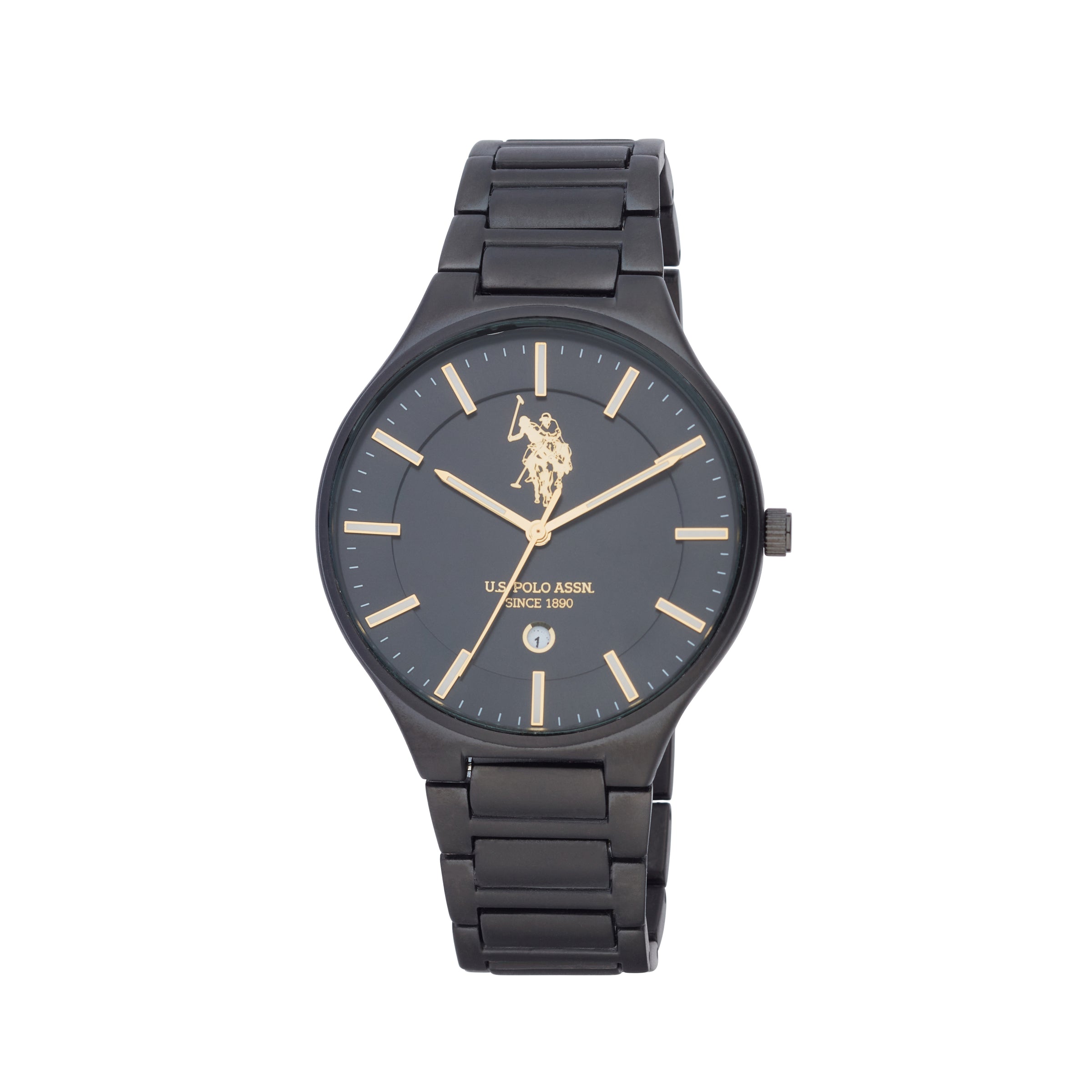 Ceas Barbatesc Quartz Negru cu Carcasa Metalica, Cadran Negru Sunray cu Indexuri Aurii si Bratara Metalica Neagra