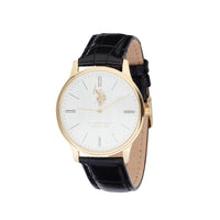 Ceas Barbatesc Quartz cu Carcasa Metalica Aurie, Cadran Alb -Argintiu cu Finisaj Vertica si Curea Piele Croco Neagra